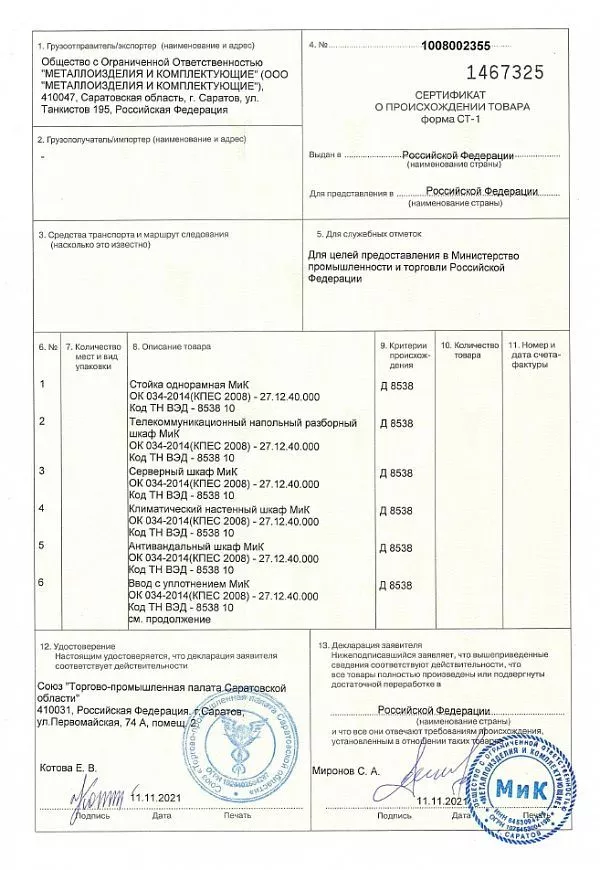 Сертификат о происхождении товара СТ-1
